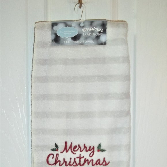 NEW St Nicholas Merry Christmas gray white hand towel - Picture 3 of 3